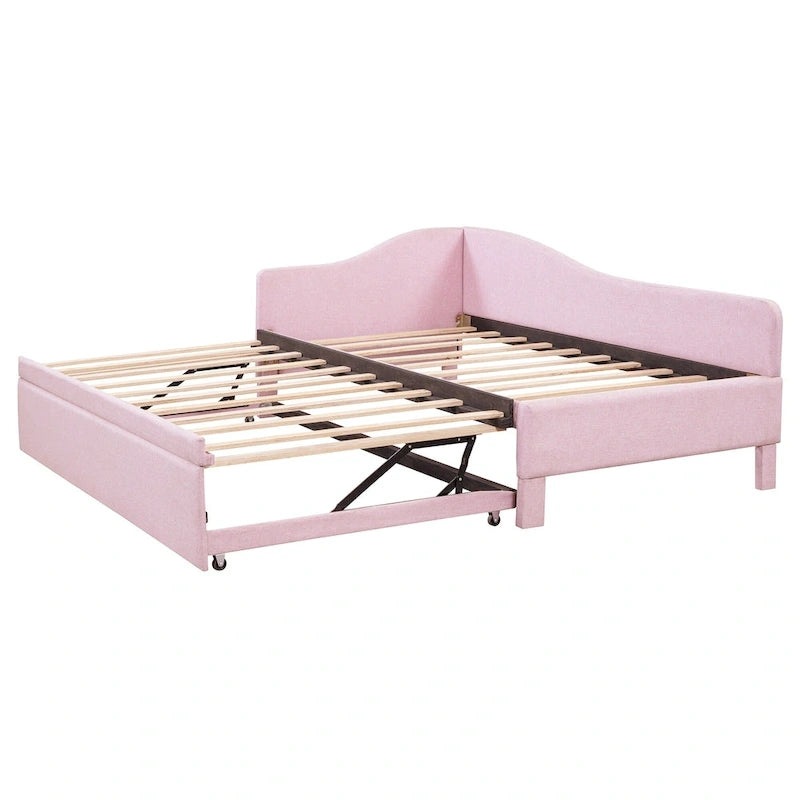Lit de jour rembourré en forme de L, taille double, avec lit gigogne escamotable, rose