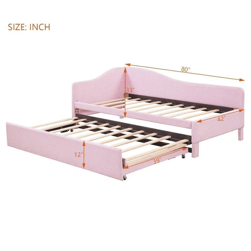 Lit de jour rembourré en forme de L, taille double, avec lit gigogne escamotable, rose
