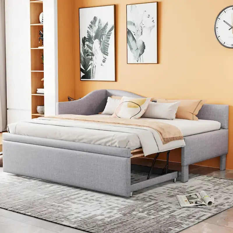 Lit de jour rembourré en forme de L, taille double, avec lit gigogne escamotable, rose