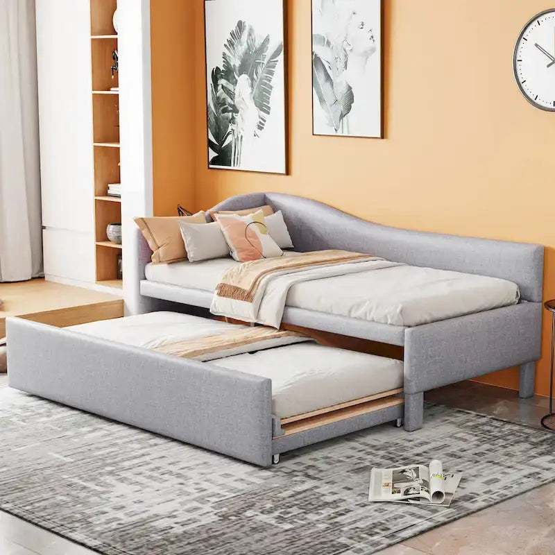 Lit de jour rembourré en forme de L, taille double, avec lit gigogne escamotable, rose
