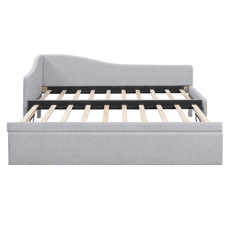 Lit de jour rembourré en forme de L, taille double, avec lit gigogne escamotable, rose