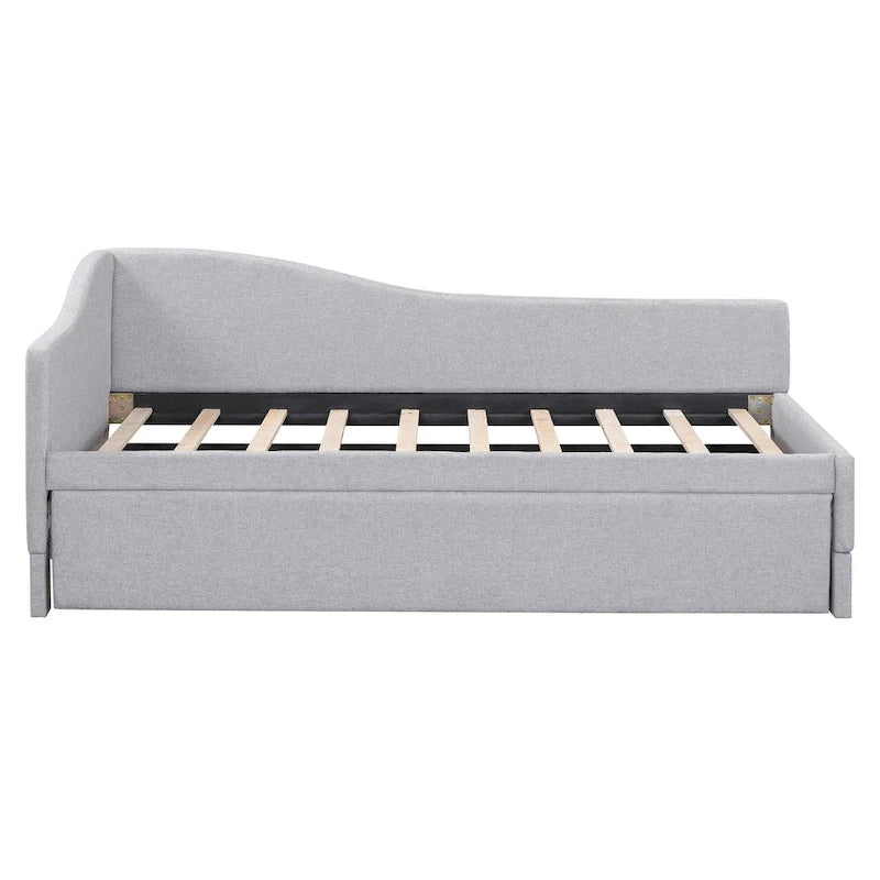 Lit de jour rembourré en forme de L, taille double, avec lit gigogne escamotable, rose