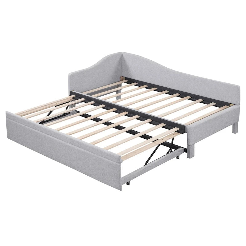 Lit de jour rembourré en forme de L, taille double, avec lit gigogne escamotable, rose