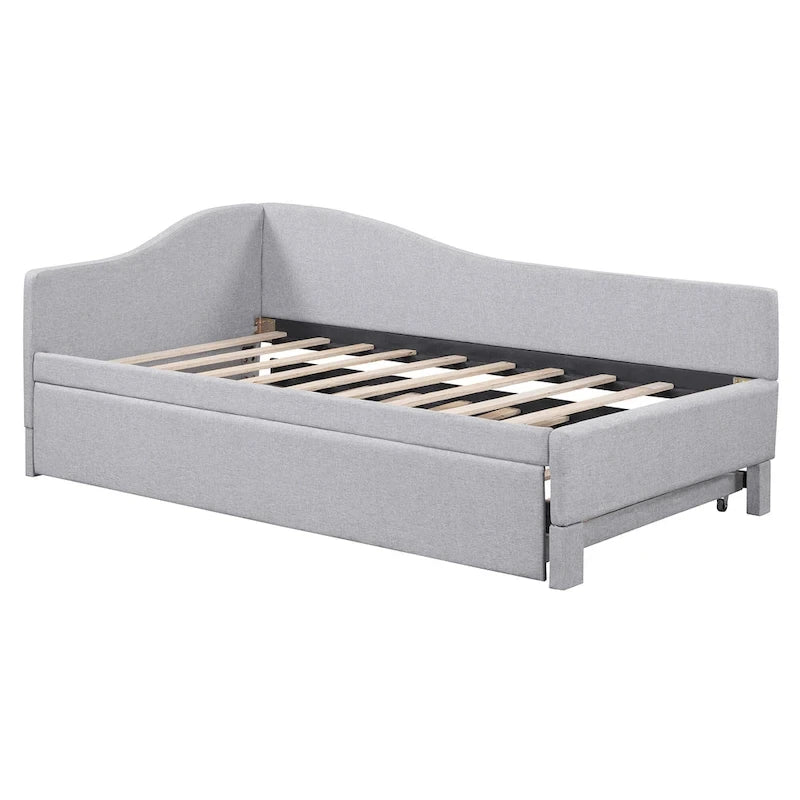Lit de jour rembourré en forme de L, taille double, avec lit gigogne escamotable, rose