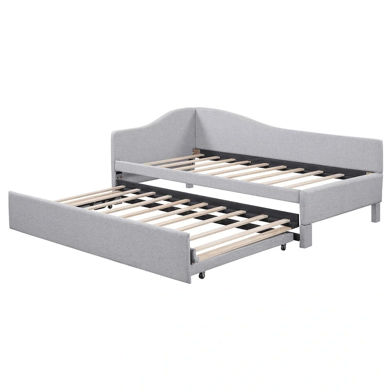 Lit de jour rembourré en forme de L, taille double, avec lit gigogne escamotable, rose