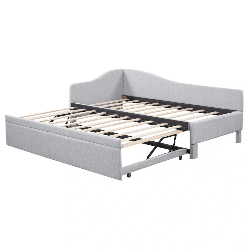 Lit de jour rembourré en forme de L, taille double, avec lit gigogne escamotable, rose