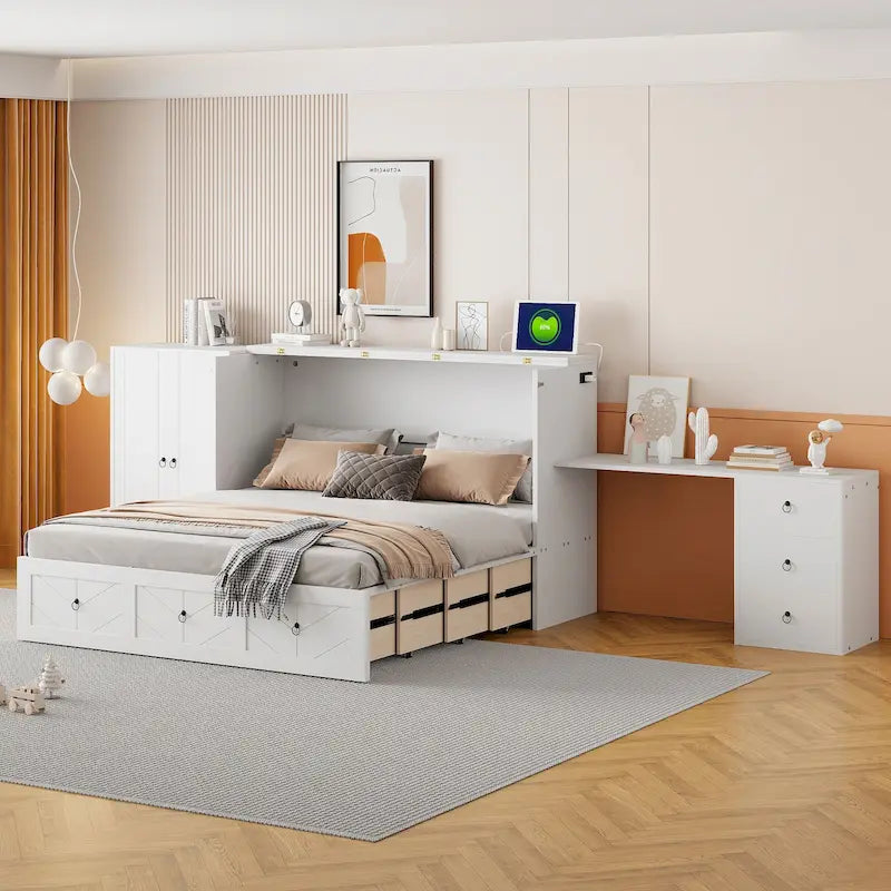 Lit escamotable Queen Size avec port USB, grand tiroir et bureau combiné pour chambre à coucher