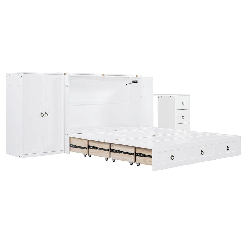 Queen Size Murphy Bed with USB Port, Large Drawer and Desk Combo for Bedroom