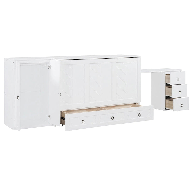 Lit escamotable Queen Size avec port USB, grand tiroir et bureau combiné pour chambre à coucher