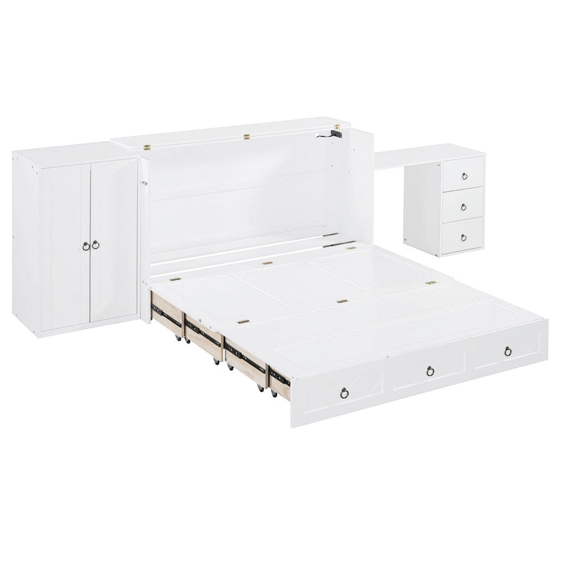 Lit escamotable Queen Size avec port USB, grand tiroir et bureau combiné pour chambre à coucher