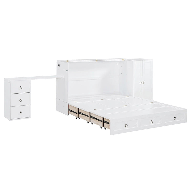 Lit escamotable Queen Size avec port USB, grand tiroir et bureau combiné pour chambre à coucher