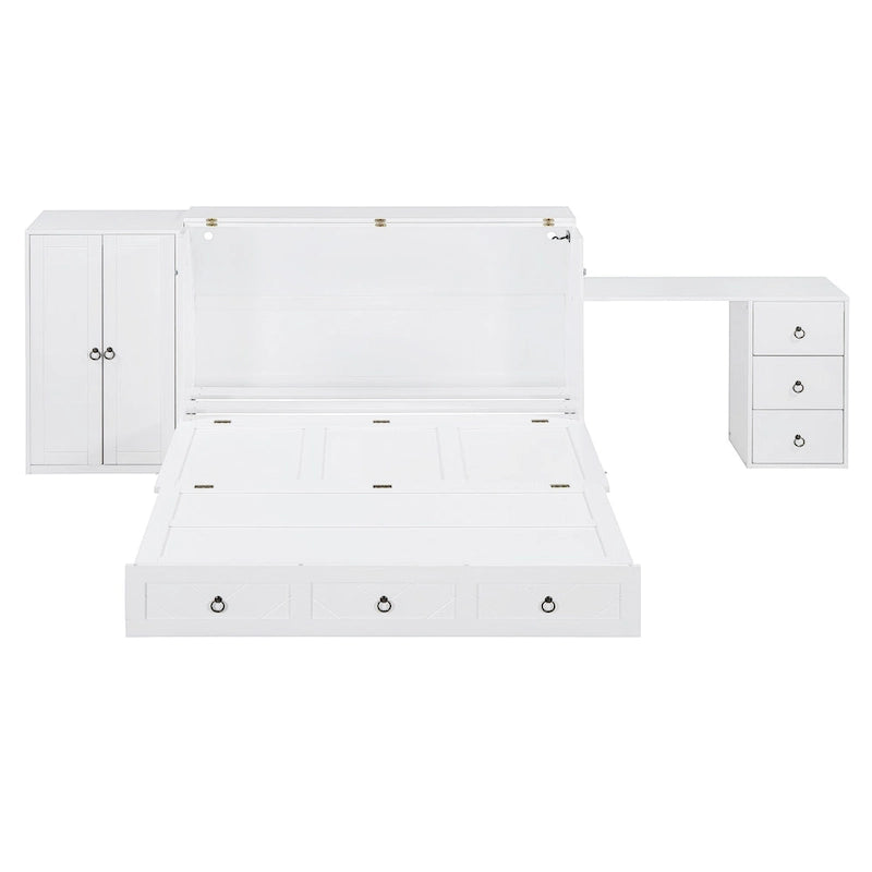Lit escamotable Queen Size avec port USB, grand tiroir et bureau combiné pour chambre à coucher