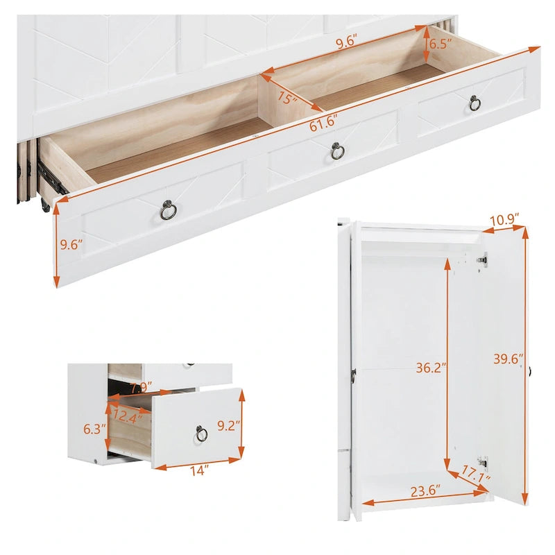 Lit escamotable Queen Size avec port USB, grand tiroir et bureau combiné pour chambre à coucher
