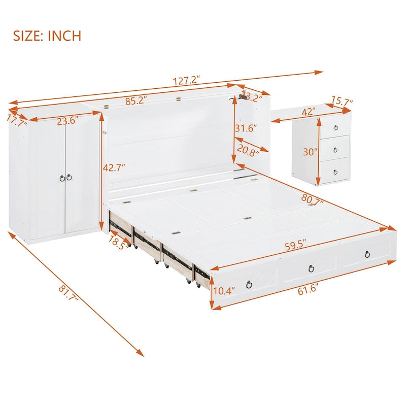 Lit escamotable Queen Size avec port USB, grand tiroir et bureau combiné pour chambre à coucher