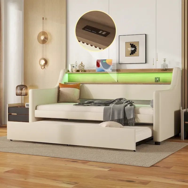 Lit de repos capitonné beige pour lits jumeaux avec lit gigogne et LED