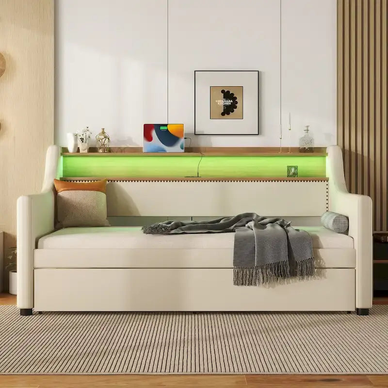 Lit de repos capitonné beige pour lits jumeaux avec lit gigogne et LED