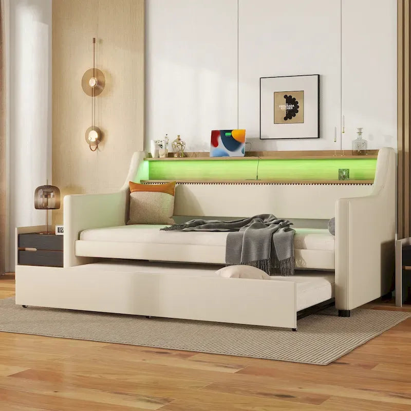 Lit de repos capitonné beige pour lits jumeaux avec lit gigogne et LED