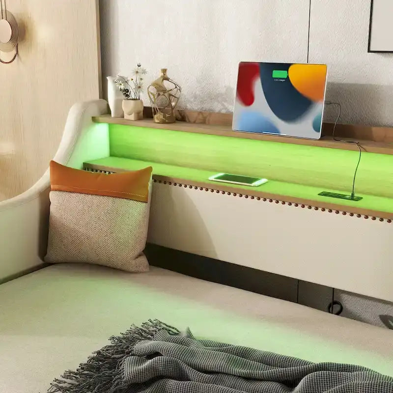 Lit de repos capitonné beige pour lits jumeaux avec lit gigogne et LED