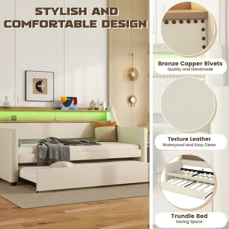 Lit de repos capitonné beige pour lits jumeaux avec lit gigogne et LED