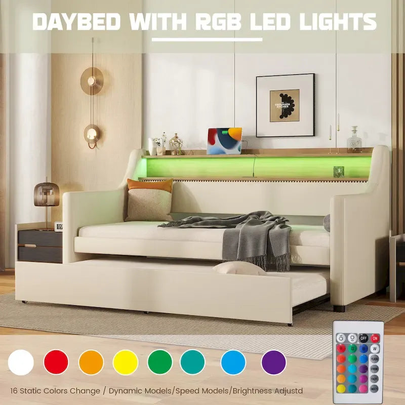 Lit de repos capitonné beige pour lits jumeaux avec lit gigogne et LED