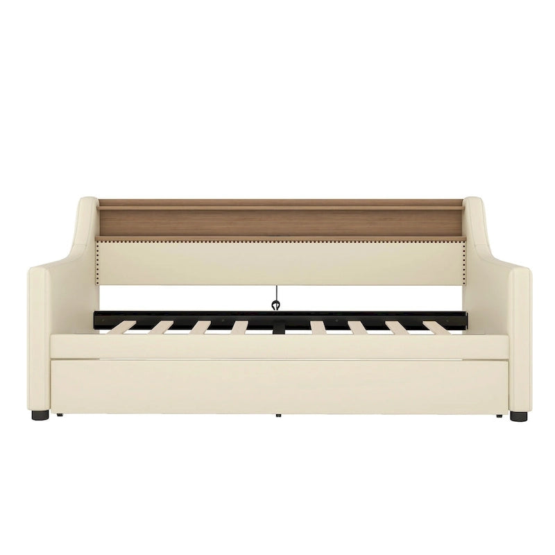 Lit de repos capitonné beige pour lits jumeaux avec lit gigogne et LED