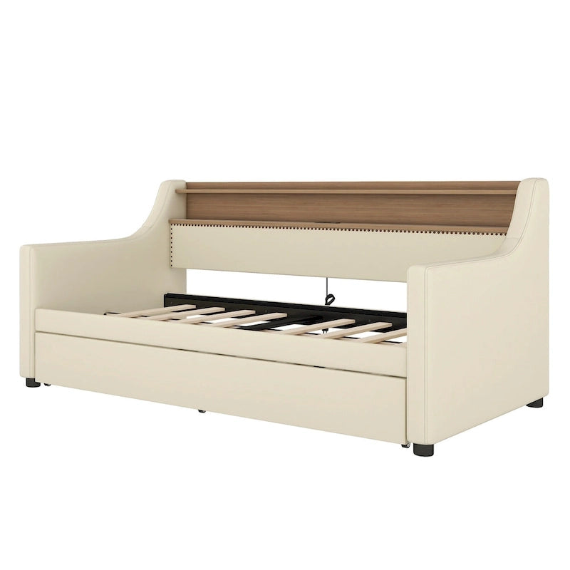 Lit de repos capitonné beige pour lits jumeaux avec lit gigogne et LED