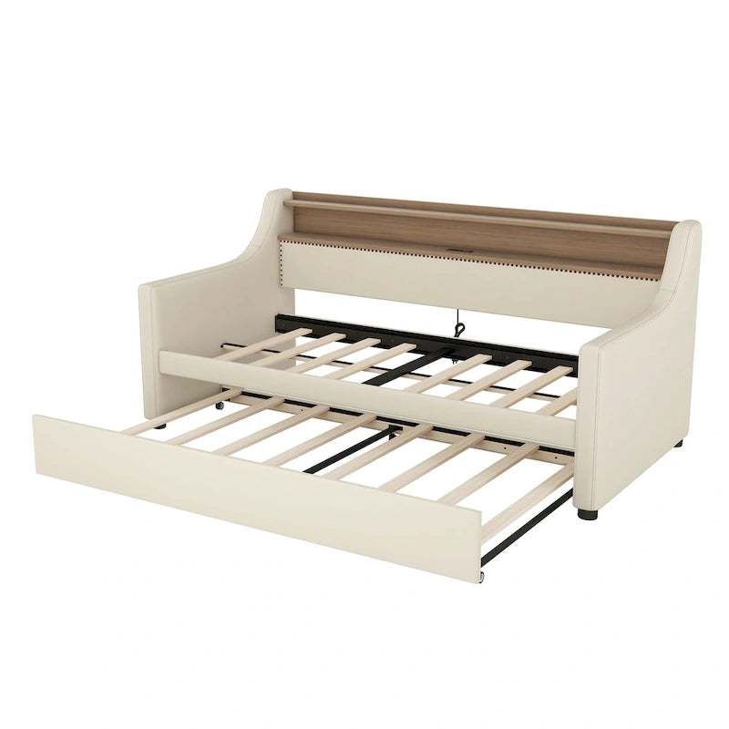 Lit de repos capitonné beige pour lits jumeaux avec lit gigogne et LED