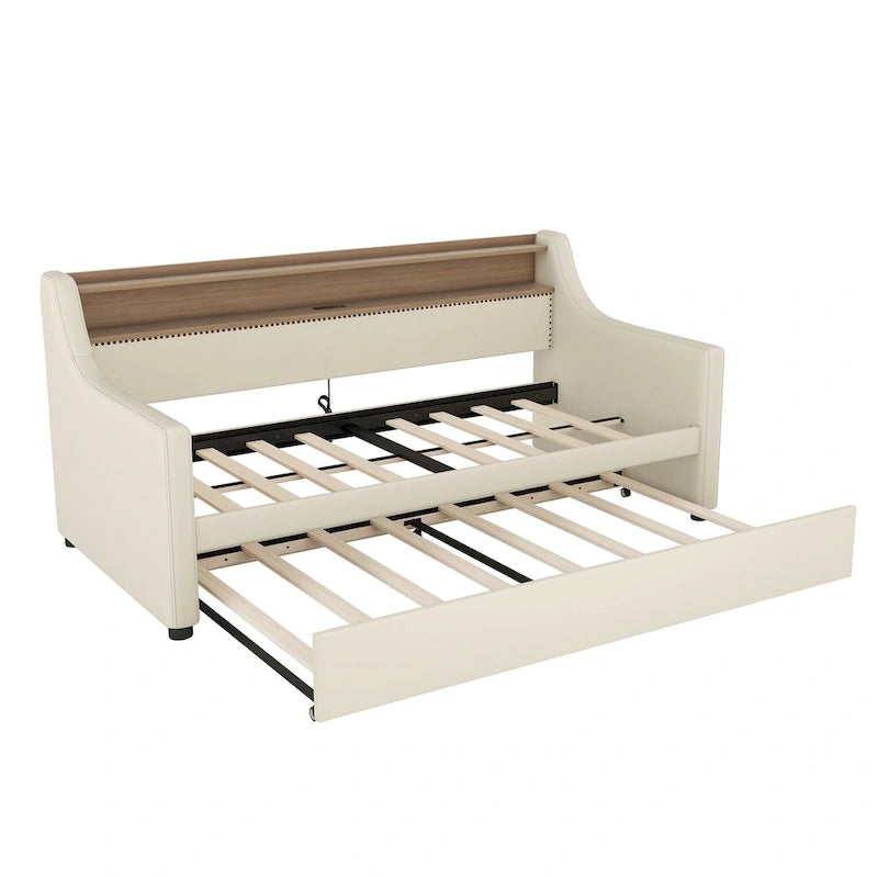 Lit de repos capitonné beige pour lits jumeaux avec lit gigogne et LED