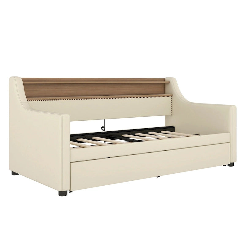 Lit de repos capitonné beige pour lits jumeaux avec lit gigogne et LED