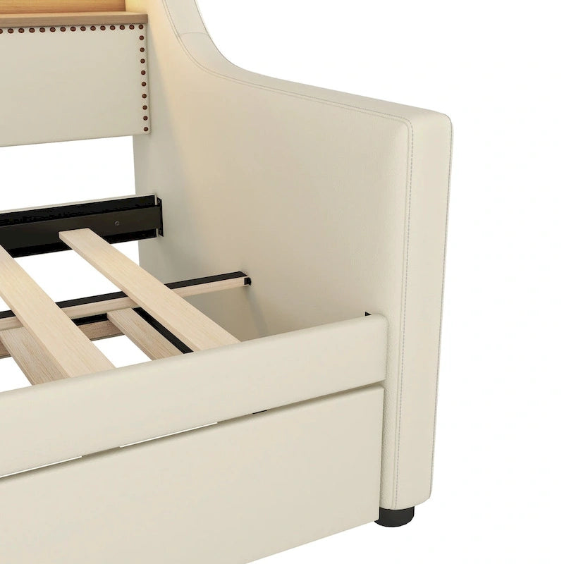 Lit de repos capitonné beige pour lits jumeaux avec lit gigogne et LED