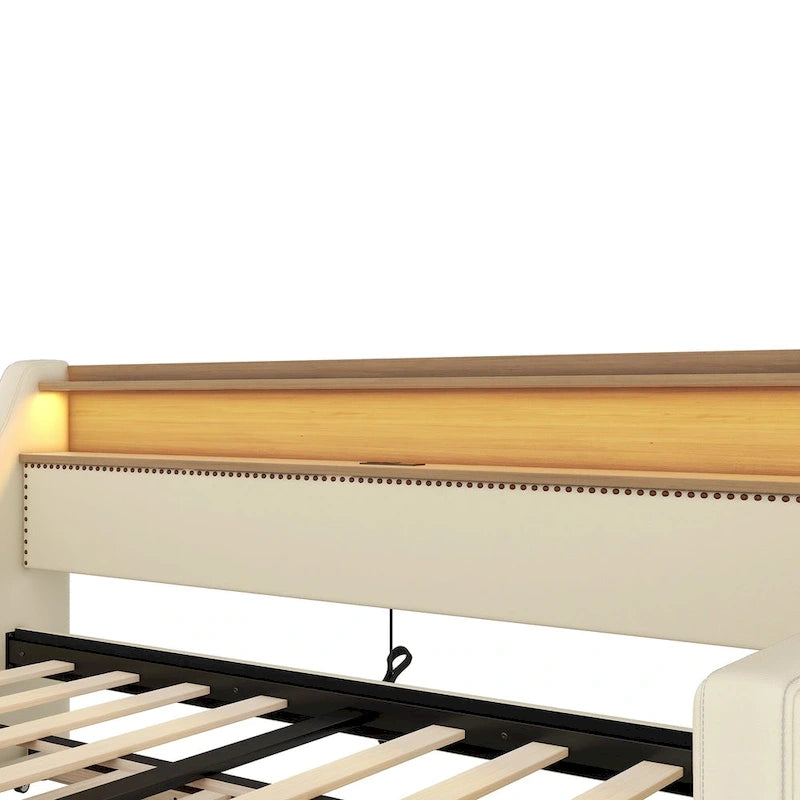 Lit de repos capitonné beige pour lits jumeaux avec lit gigogne et LED