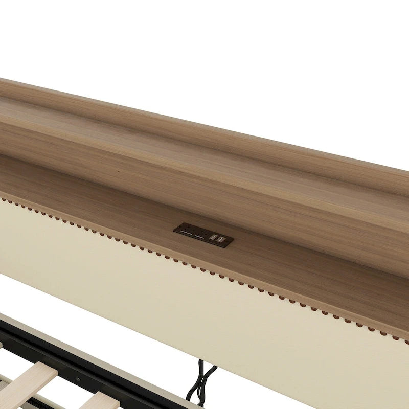 Lit de repos capitonné beige pour lits jumeaux avec lit gigogne et LED