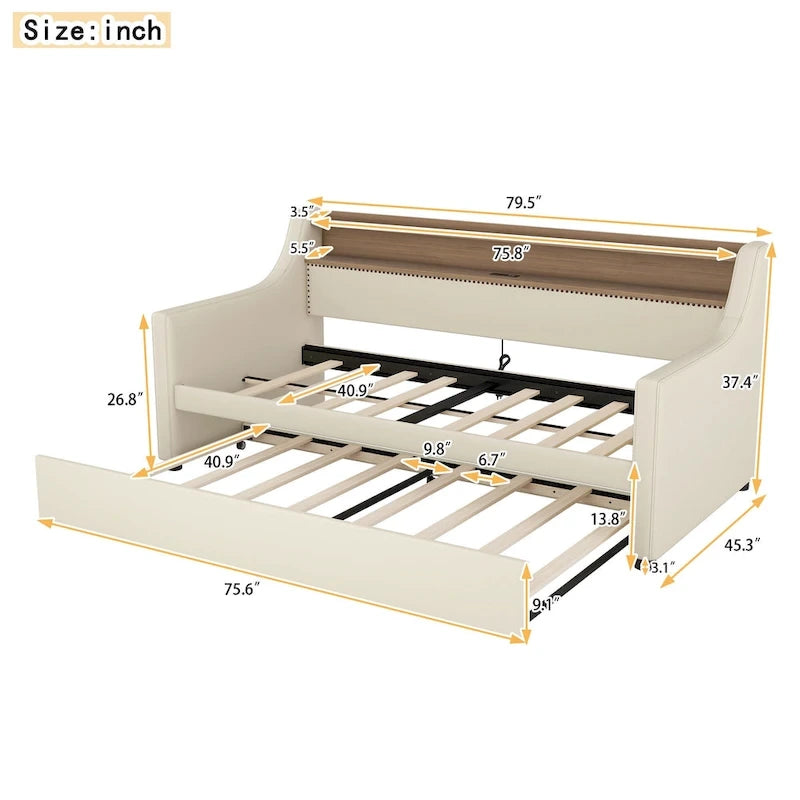 Lit de repos capitonné beige pour lits jumeaux avec lit gigogne et LED