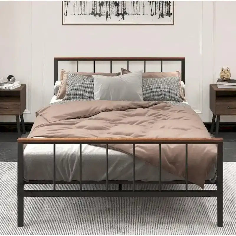 Lit plateforme Queen size en métal noir avec tête de lit