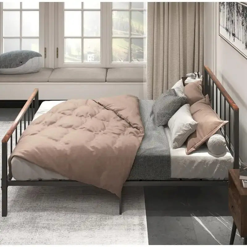 Cadre de lit plateforme Queen en métal noir avec tête et pied de lit – Aucun sommier tapissier requis, capacité de 300 kg