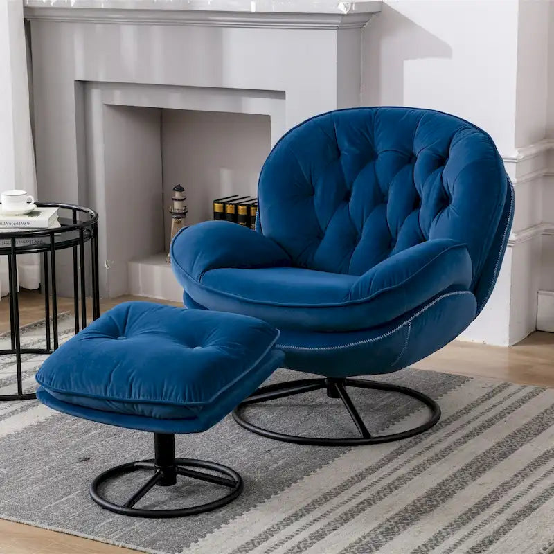 Fauteuil d'appoint capitonné pivotant bleu moderne 31,73 avec boutons, ottoman et pieds en métal noir
