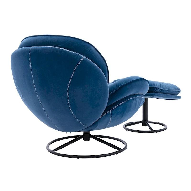 Fauteuil d'appoint capitonné pivotant bleu moderne 31,73 avec boutons, ottoman et pieds en métal noir