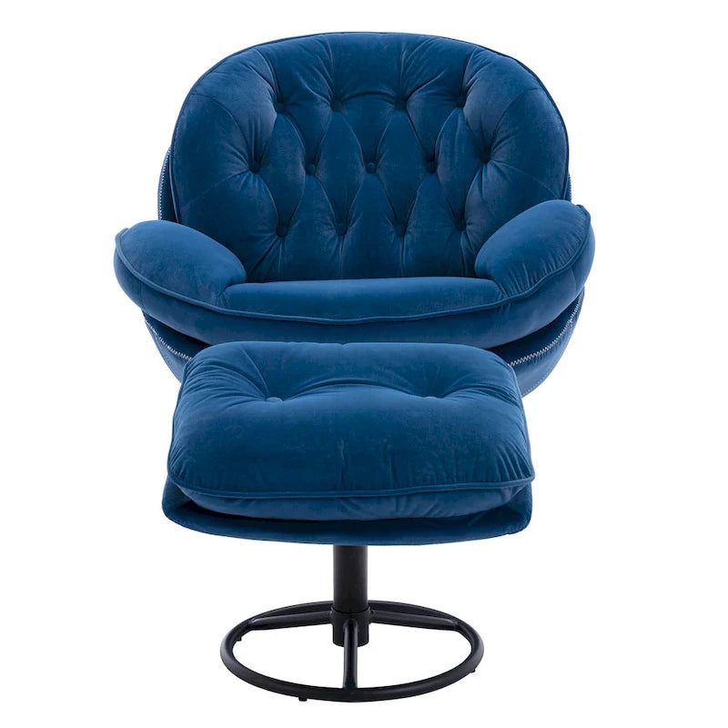 Fauteuil d'appoint capitonné pivotant bleu moderne 31,73 avec boutons, ottoman et pieds en métal noir