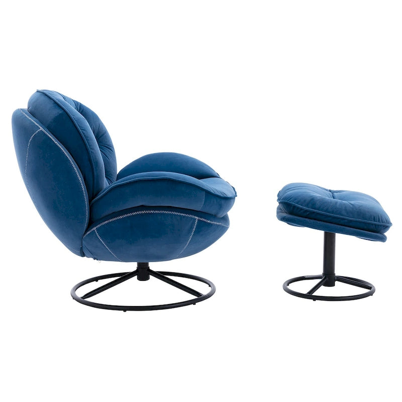 Fauteuil d'appoint capitonné pivotant bleu moderne 31,73 avec boutons, ottoman et pieds en métal noir