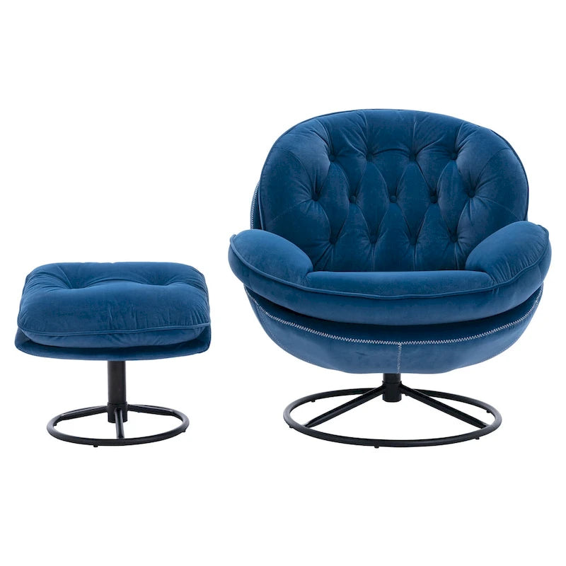 Fauteuil d'appoint capitonné pivotant bleu moderne 31,73 avec boutons, ottoman et pieds en métal noir
