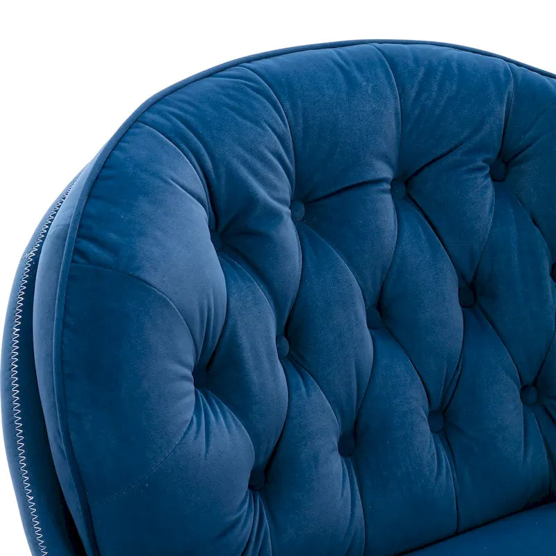Fauteuil d'appoint capitonné pivotant bleu moderne 31,73 avec boutons, ottoman et pieds en métal noir