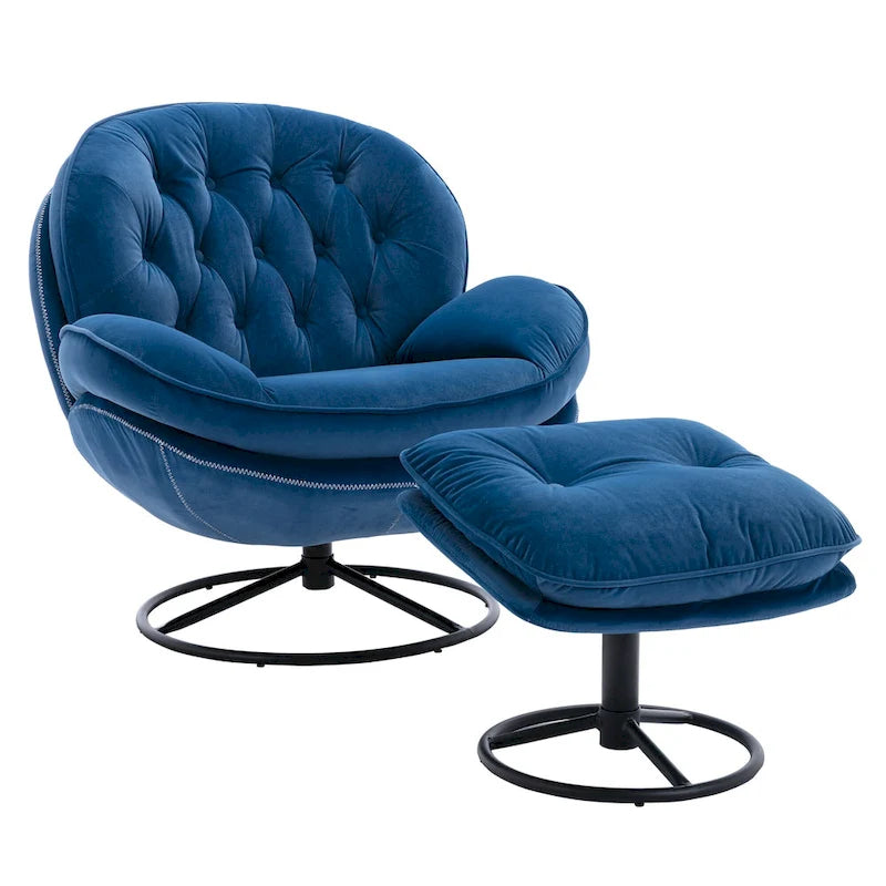 Fauteuil d'appoint capitonné pivotant bleu moderne 31,73 avec boutons, ottoman et pieds en métal noir