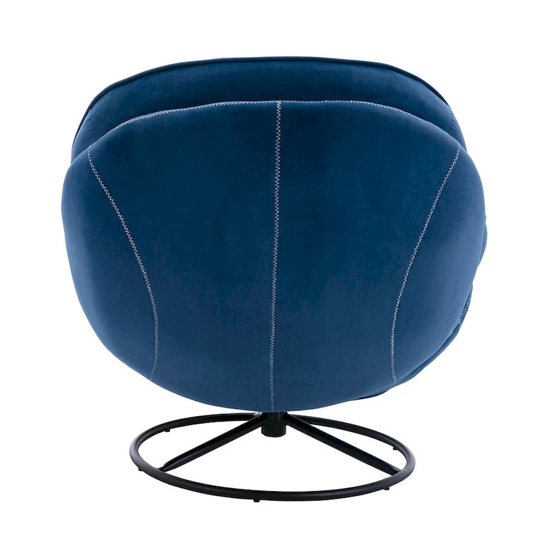 Fauteuil d'appoint capitonné pivotant bleu moderne 31,73 avec boutons, ottoman et pieds en métal noir