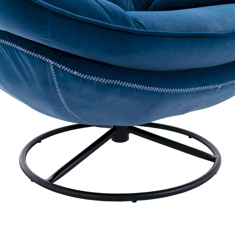 Fauteuil d'appoint capitonné pivotant bleu moderne 31,73 avec boutons, ottoman et pieds en métal noir