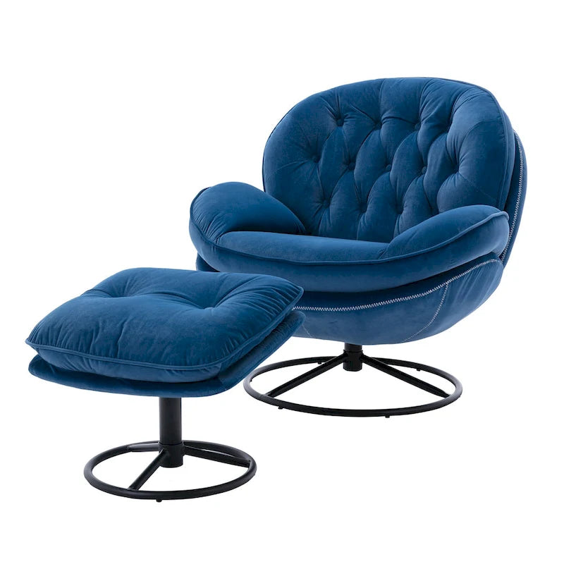 Fauteuil d'appoint capitonné pivotant bleu moderne 31,73 avec boutons, ottoman et pieds en métal noir