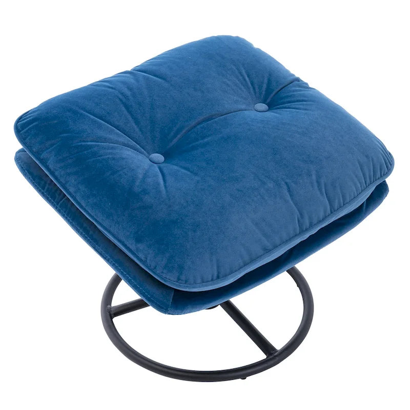 Fauteuil d'appoint capitonné pivotant bleu moderne 31,73 avec boutons, ottoman et pieds en métal noir
