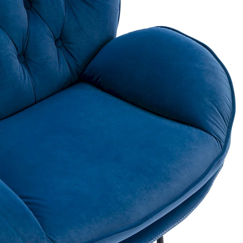 Fauteuil d'appoint capitonné pivotant bleu moderne 31,73 avec boutons, ottoman et pieds en métal noir