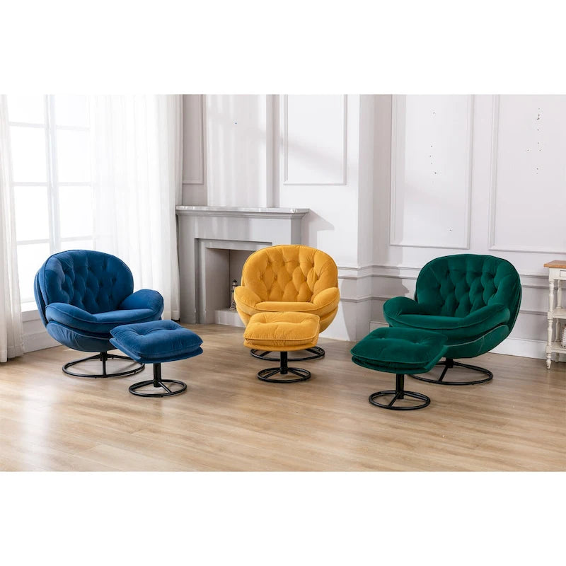 Fauteuil d'appoint capitonné pivotant bleu moderne 31,73 avec boutons, ottoman et pieds en métal noir