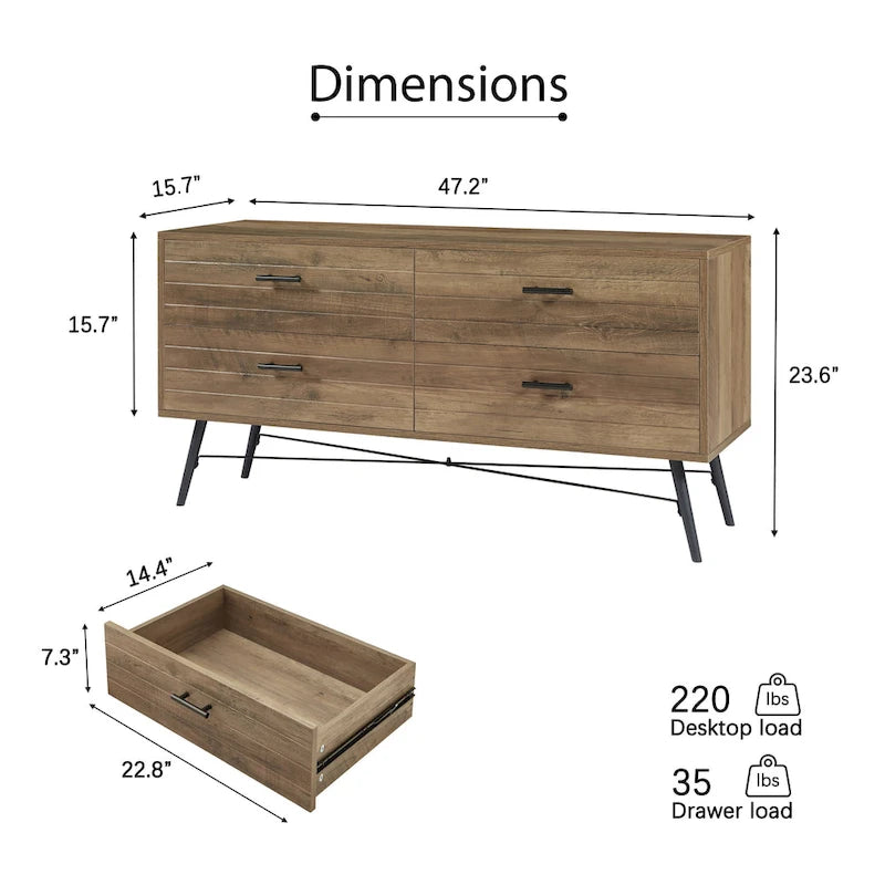Commode horizontale à 4 tiroirs, Meuble de rangement grande capacité pour chambre à coucher, placard, salon