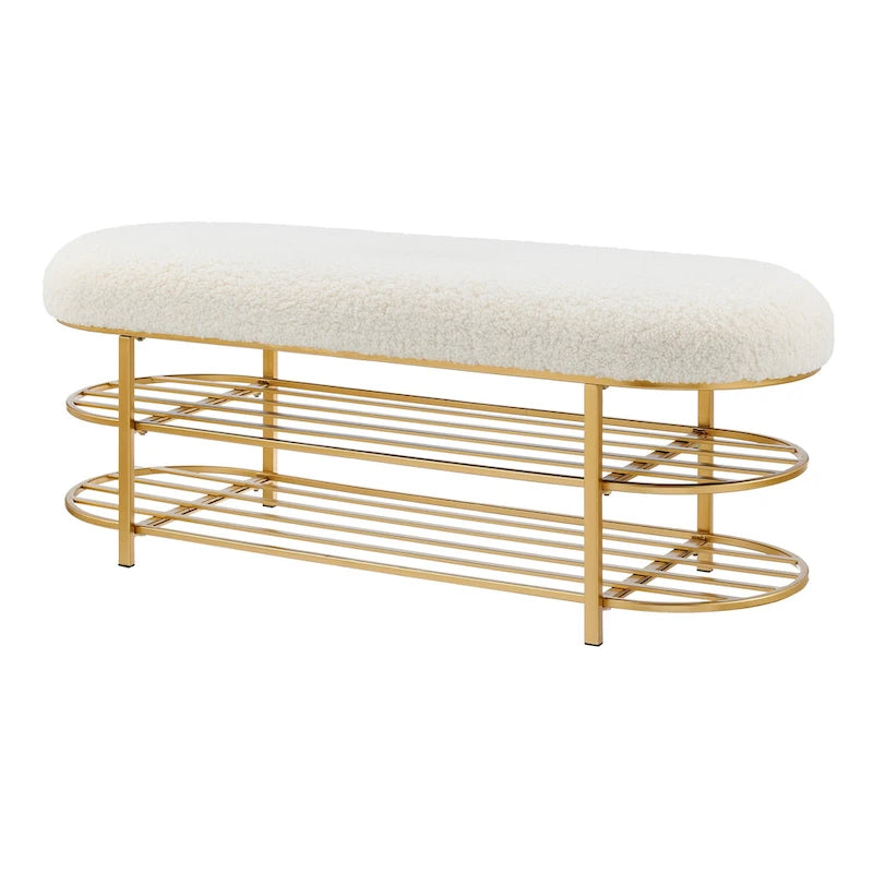 Banc en tissu imitation peau de mouton avec étagère